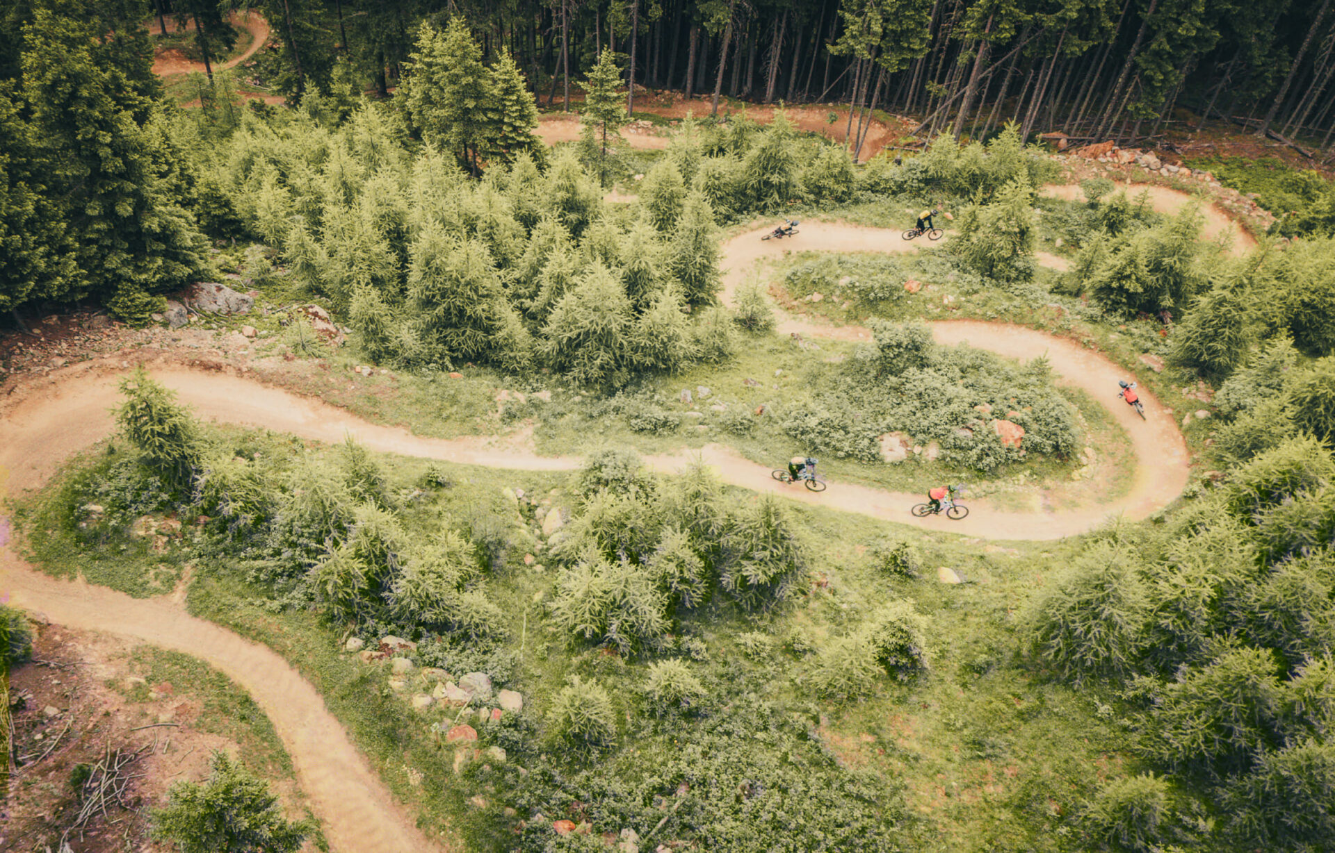 Aerial view of the bike park in AREA 47 in Ötztal, Tyrol, with marked trails