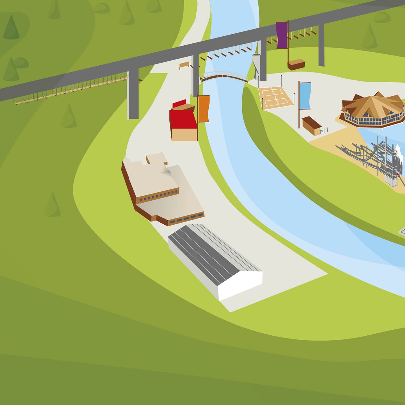 Illustration of the site plan with focus on the indoor bike park and surrounding facilities at AREA 47 in Ötztal, Tyrol