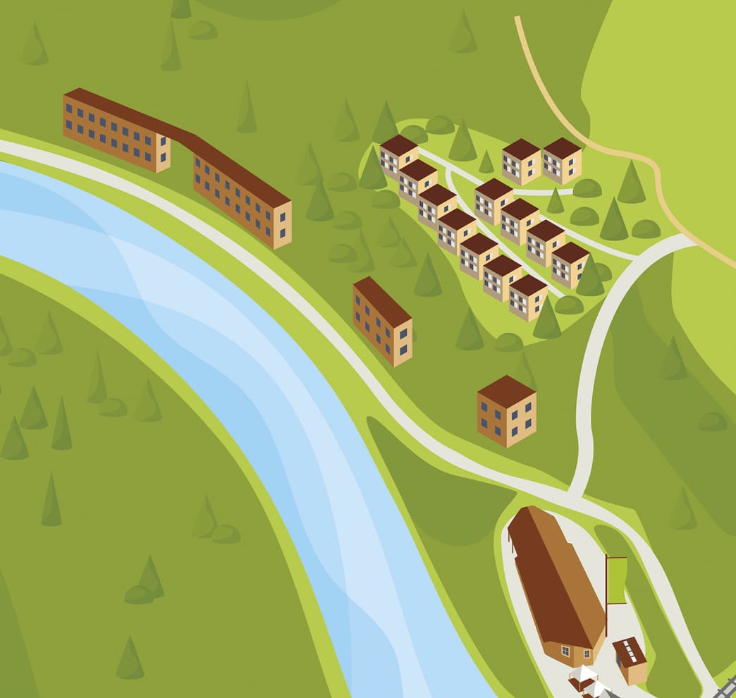 Lageplan der Unterkünfte der AREA 47 entlang des Flusses im Ötztal, Tirol