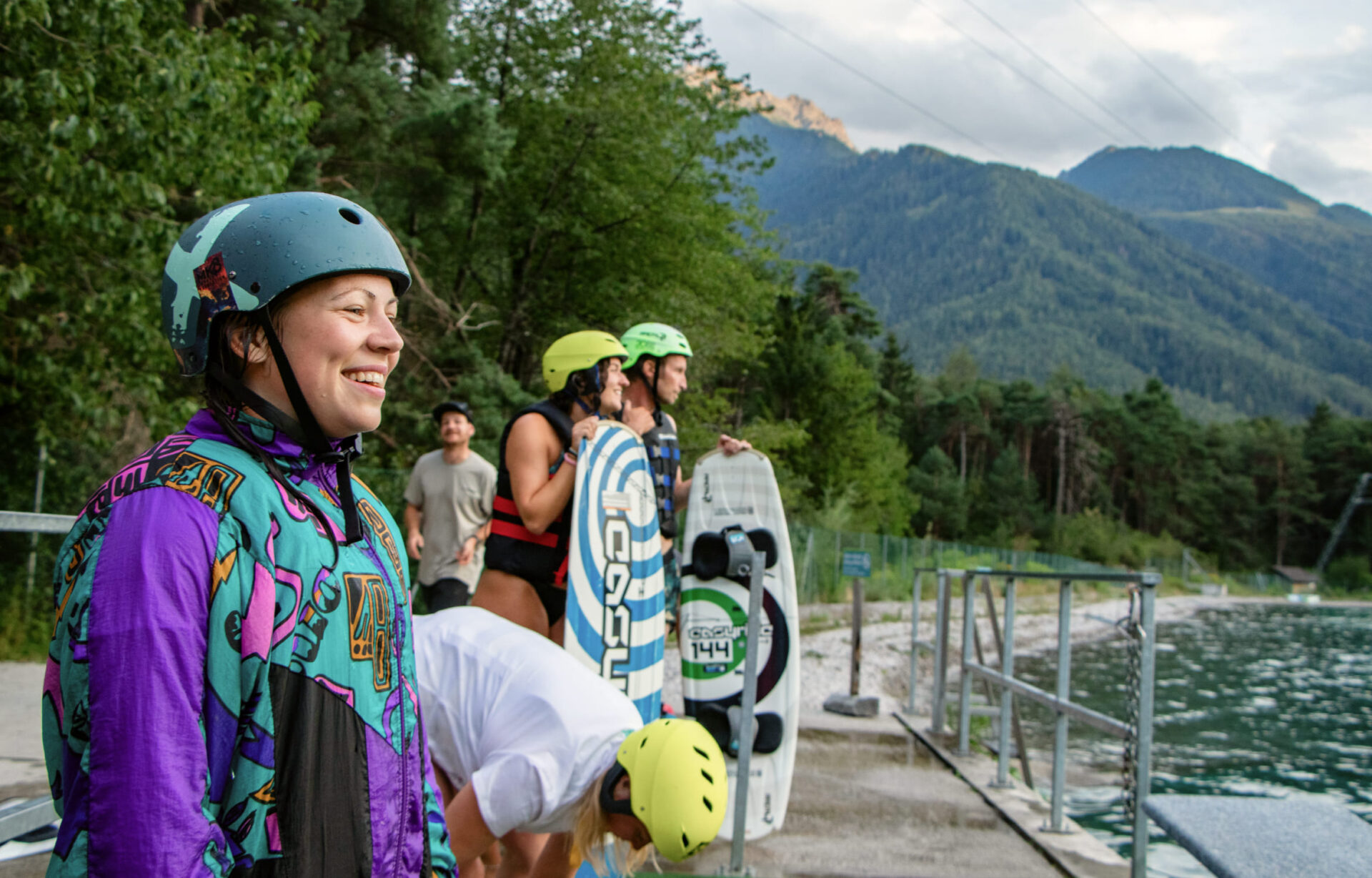 Group of wakeboarders waiting at the start area at AREA 47, Ötztal, Tyrol