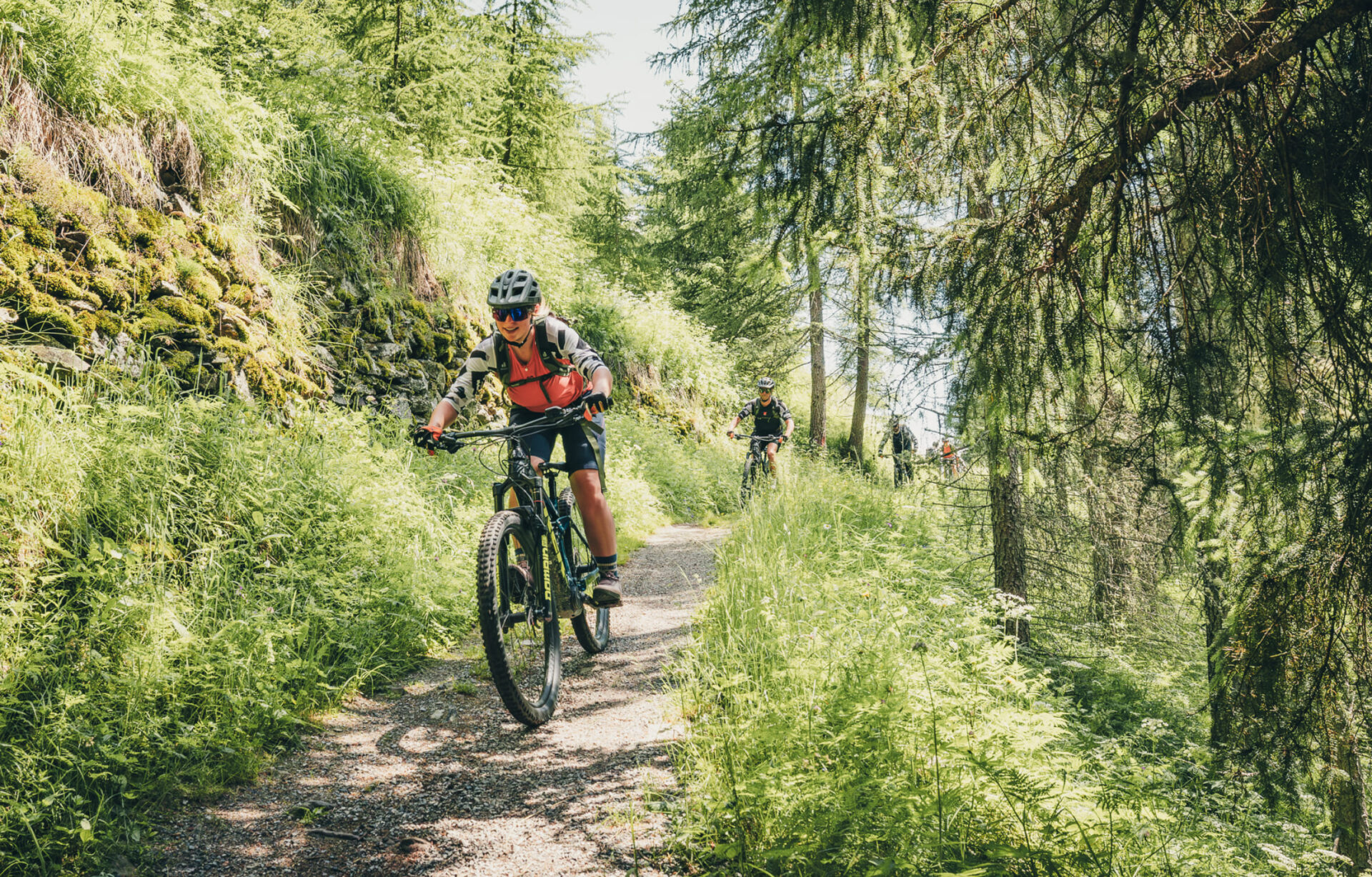 Mountainbiker auf einem Waldpfad im Ötztal, Tirol