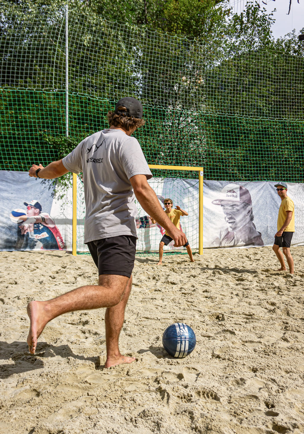 Young people playing beach soccer at AREA 47 in Ötztal, Tyrol