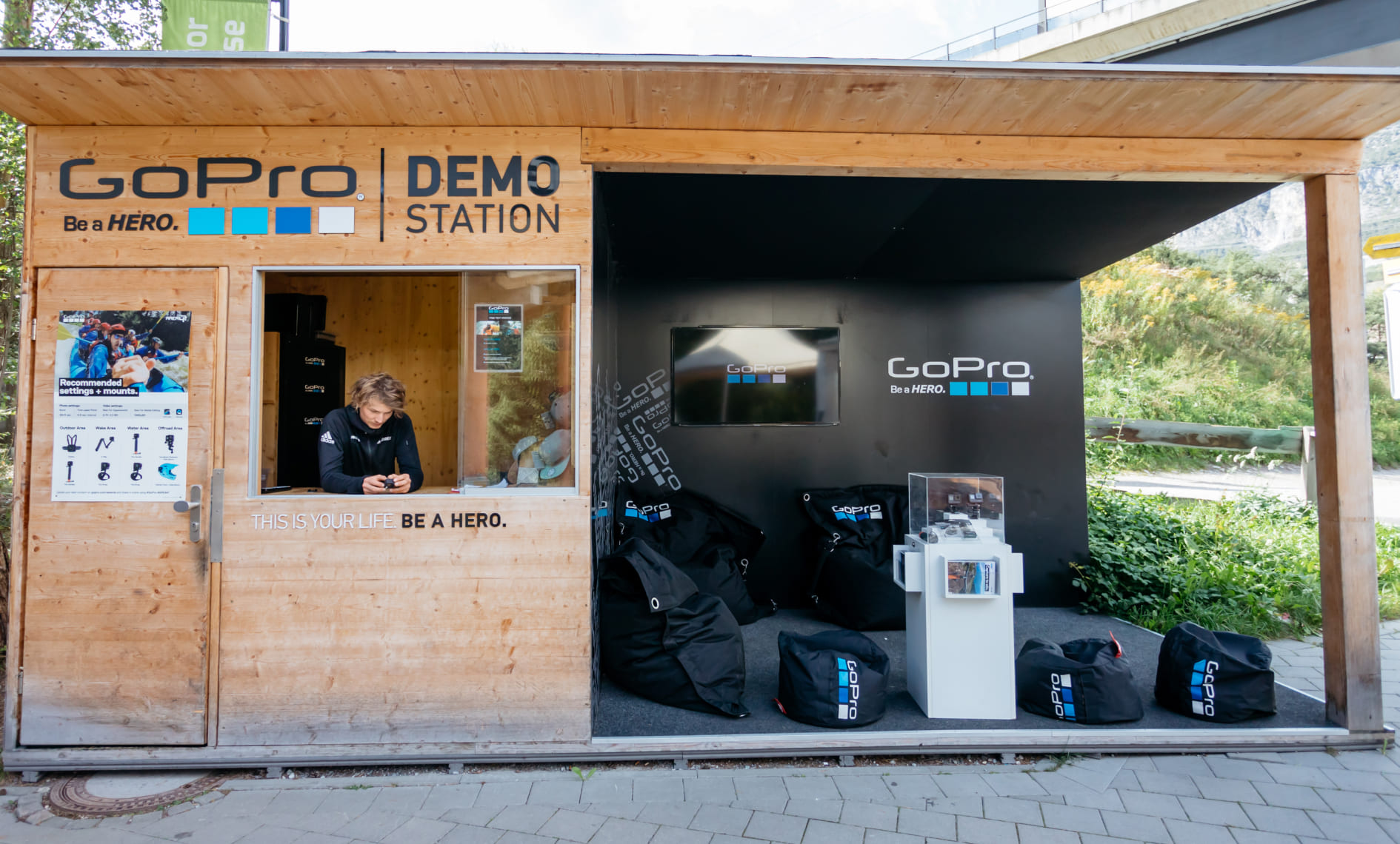 GoPro demo station at AREA 47 with exhibition and rental area, Ötztal, Tyrol