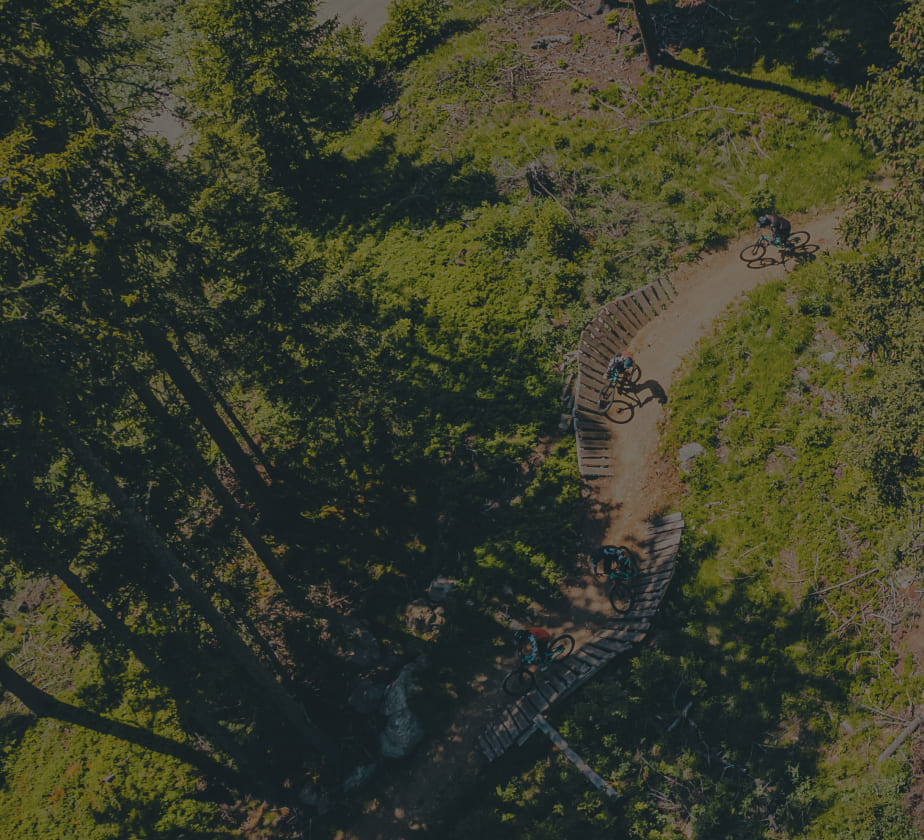 Mountainbiker fahren auf einem kurvigen Waldtrail in der Nähe der AREA 47 im Ötztal, Tirol.