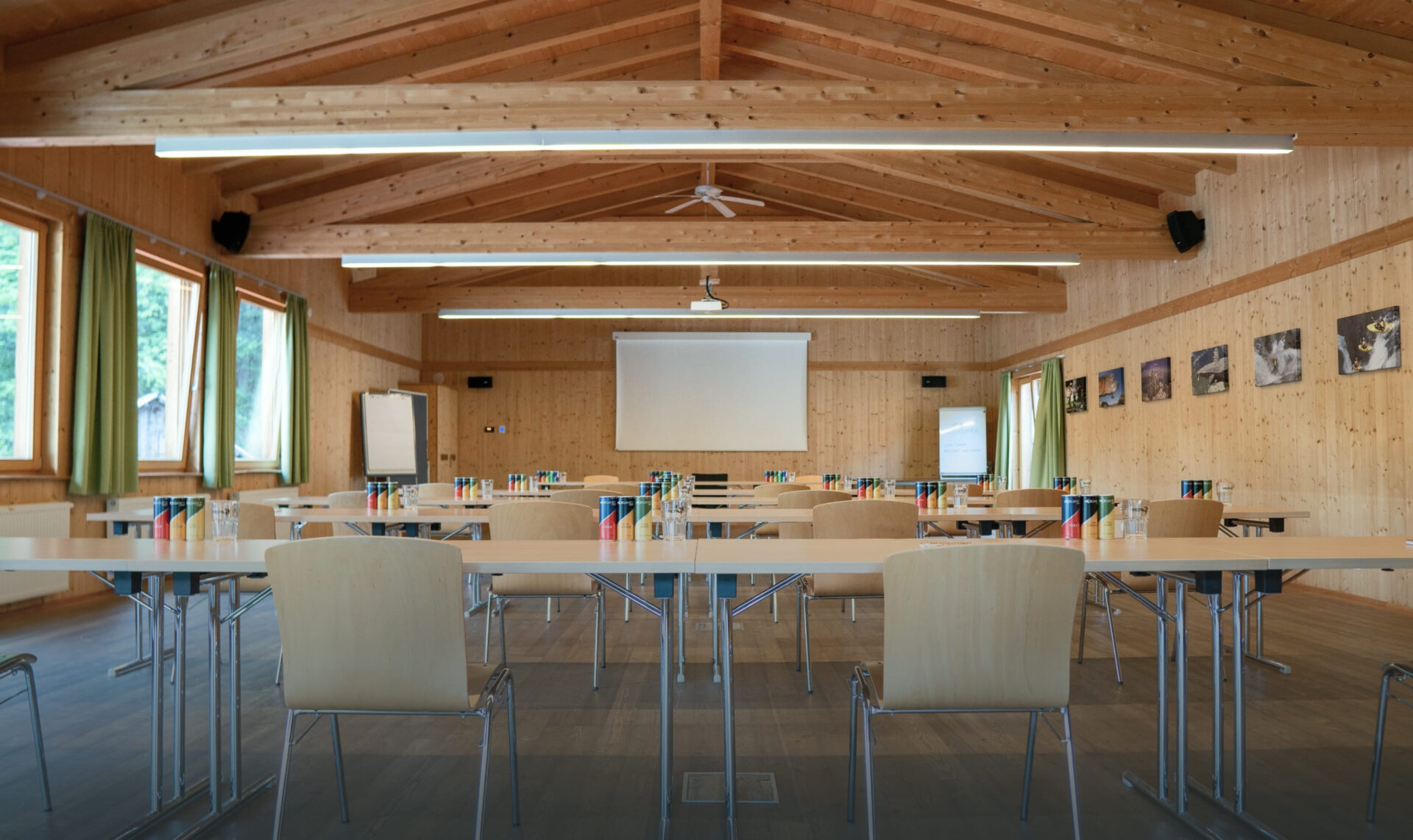 Seminar room with tables and chairs in the Meeting Lodge at AREA 47, Ötztal, Tyrol