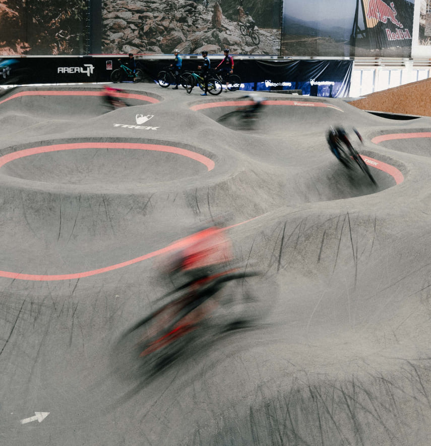 Mountain biker racing on the pump track at AREA 47, Ötztal, Tyrol