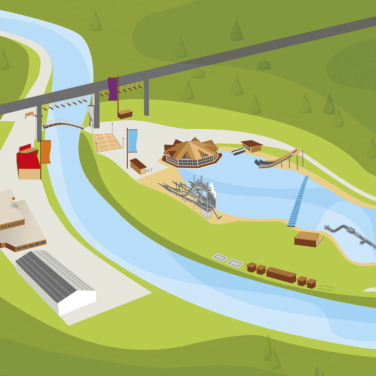 Illustration of the AREA 47 site map showing water areas, attractions, and buildings