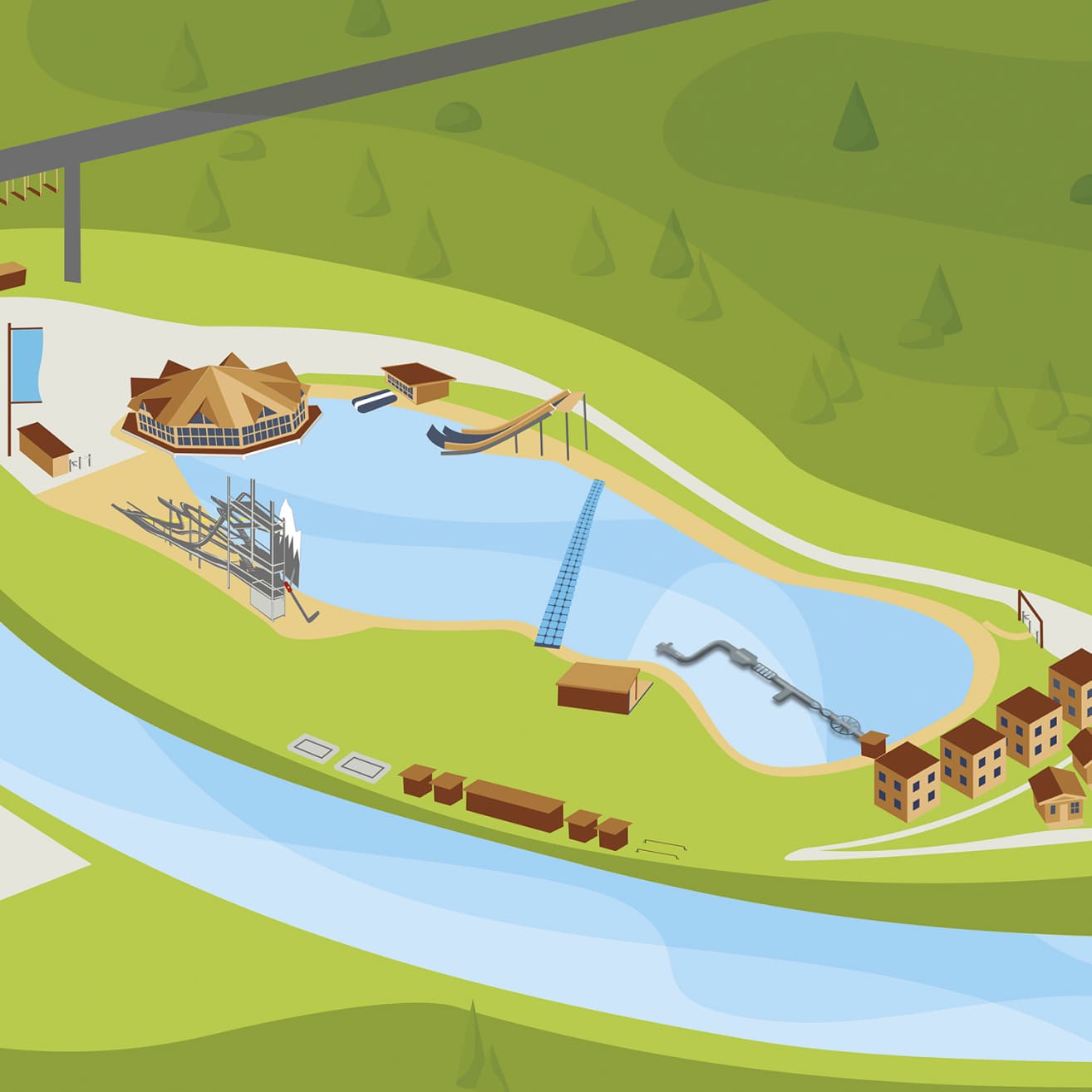 Illustrated site map of the Water AREA at AREA 47 in the Ötztal, Tyrol, showing pools, slides, and surrounding structures