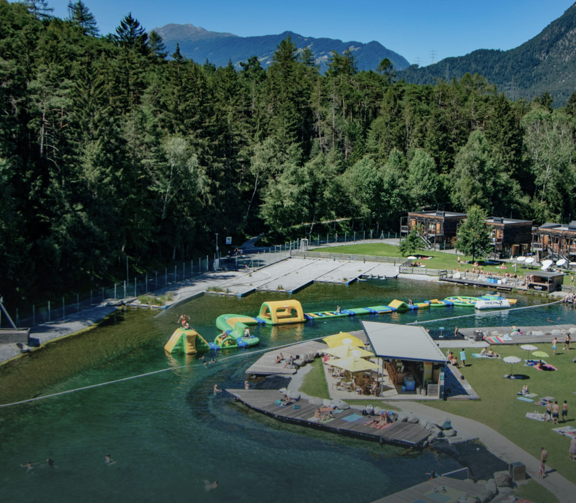 Bird's eye view of the Water AREA and the Beach Bar at AREA 47 in Ötztal, Tyrol